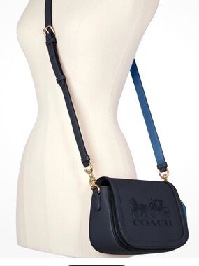 Coach Horse & Wagon Embossed Navy Pebbled Leather Saddlebag Crossbody